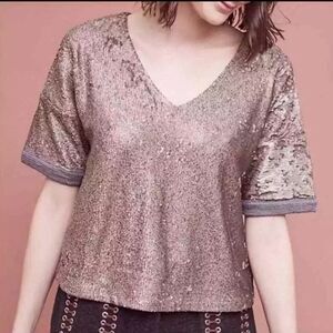Anthropologie Deletta Bronze Matte Sequin Short Sleeve Top Medium